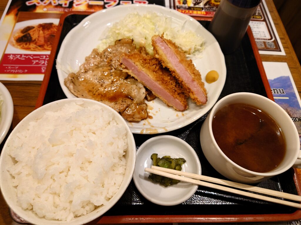 千葉中央駅ダイニングレストラン・ベリエールの生姜焼きとハムカツ定食